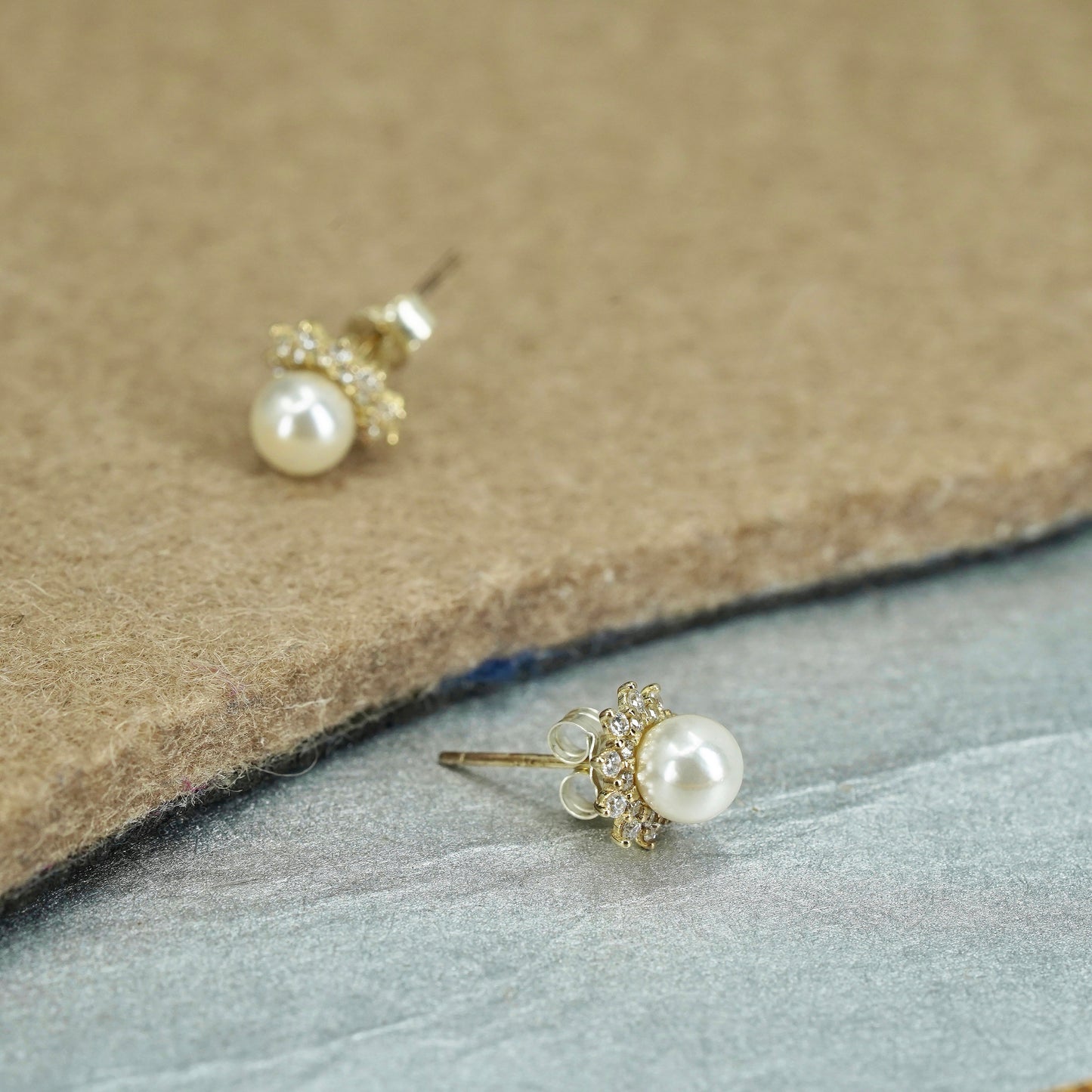 Vintage Sterling 925 silver handmade earrings, studs with pearl and cz