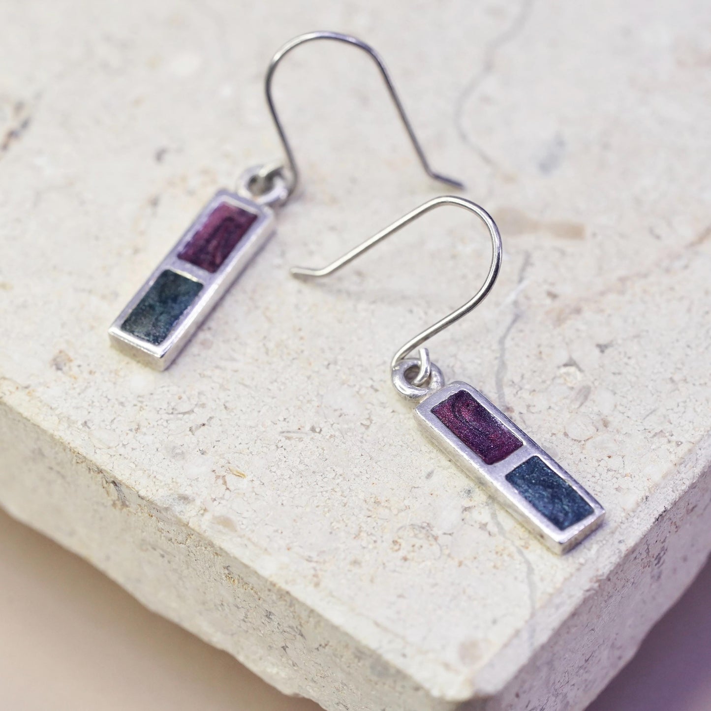 vintage sterling silver 925 rectangular earrings with enamel inlay
