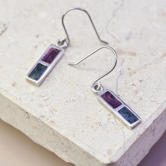 vintage sterling silver 925 rectangular earrings with enamel inlay
