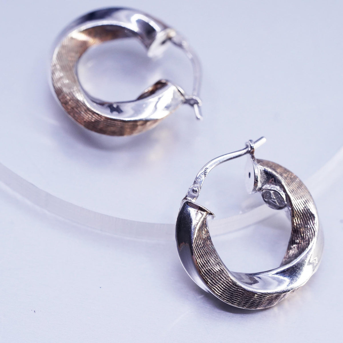 0.75" Two Tone 925 Sterling Silver Handmade Earrings Twisted Chain Studs huggie