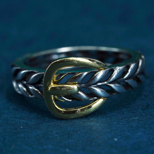 Size 8, two tone sterling silver ring, solid 925 silver filigree belt band