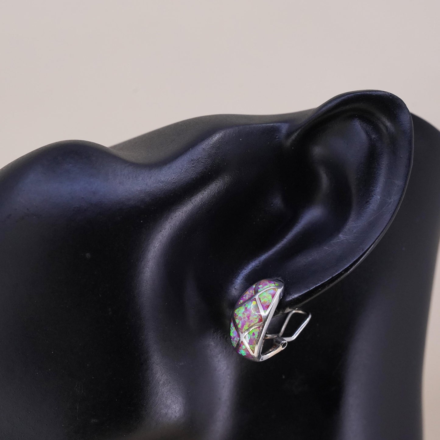 Vintage handmade single earring. Sterling 925 silver stud with opal inlay
