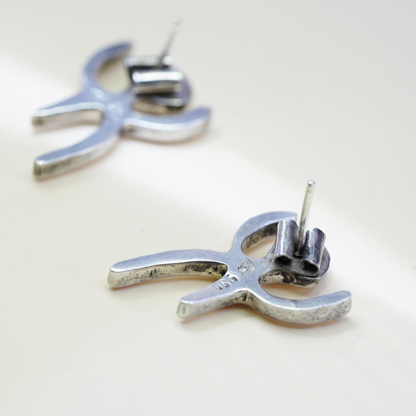 Vintage 950 Sterling Silver Abstract Figure Earrings, Artisan Sculptural Studs