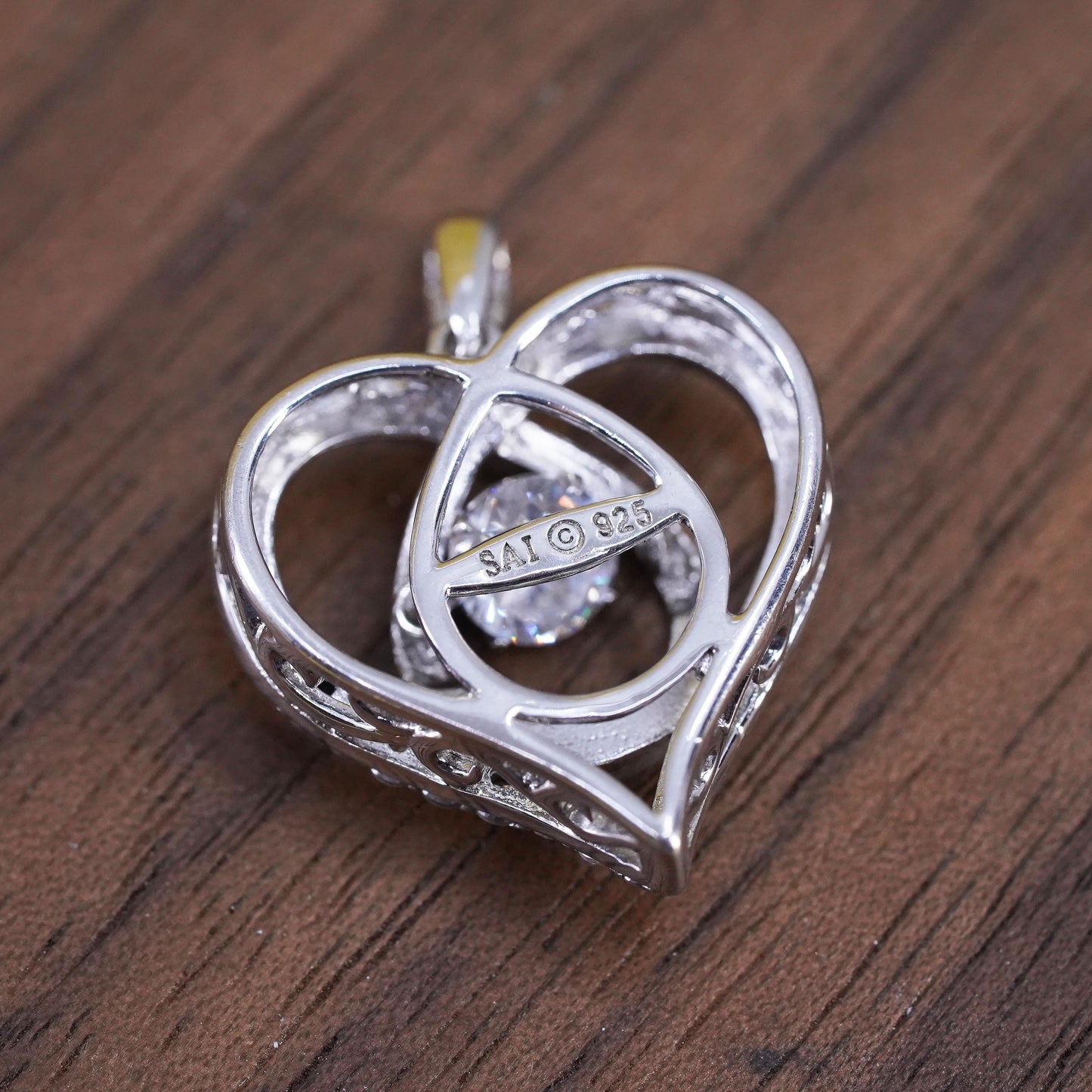 Vintage Sterling 925 silver heart pendant with dancing crystal