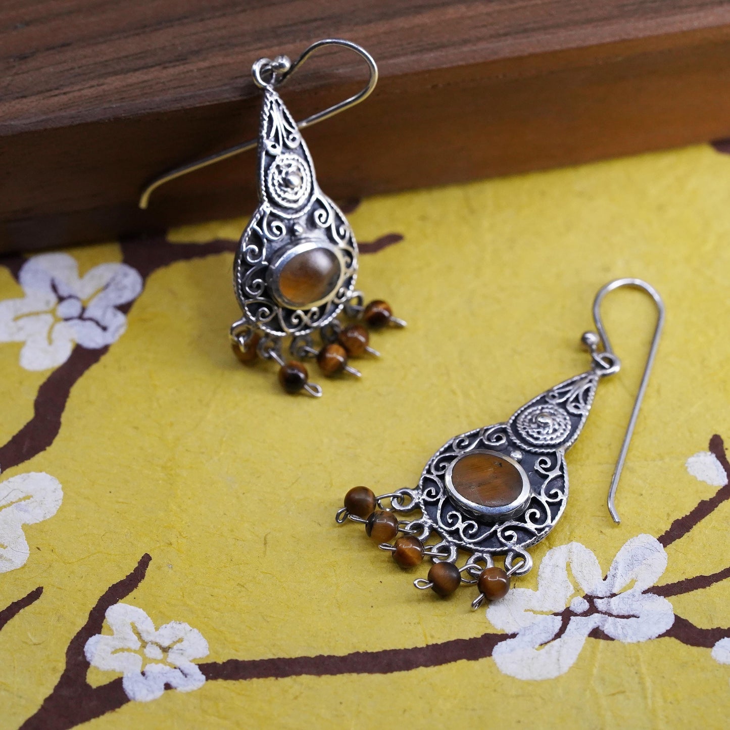 Sterling silver earrings, 925 filigree teardrop cluster golden tiger eye beads