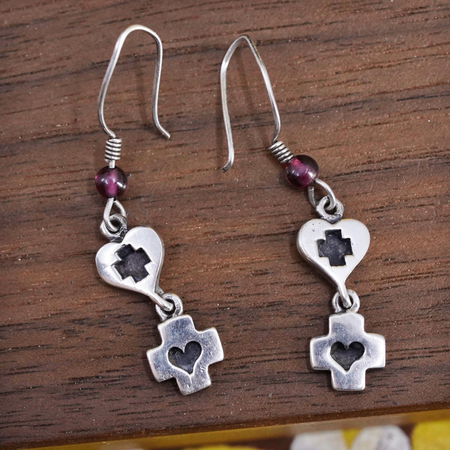 vintage handmade sterling silver earrings, 925 heart cross shaped dangles