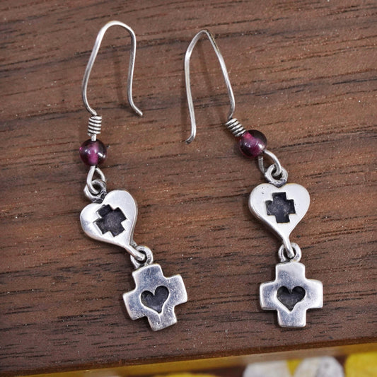 vintage handmade sterling silver earrings, 925 heart cross shaped dangles
