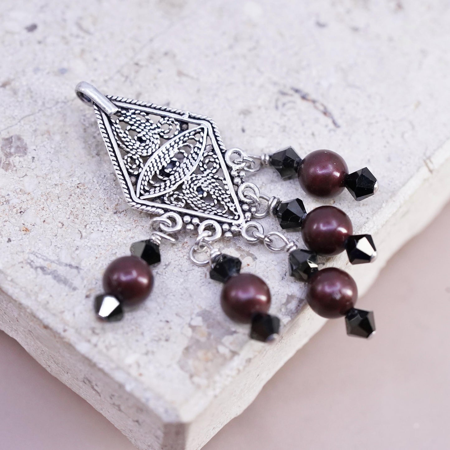 Vintage Sterling silver handmade pendant, 925 filigree charm with pearl beads