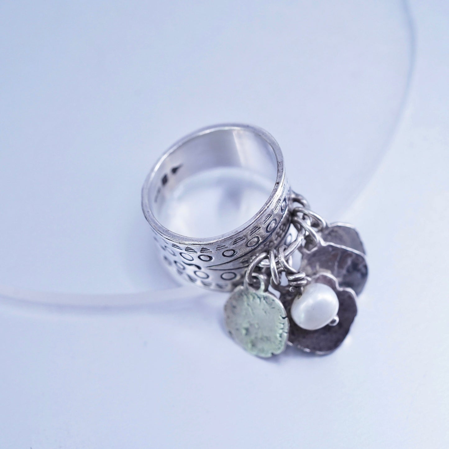 Size 7.5, Silpada R1902 925 Sterling Silver Pearl Stamped Coin Cha Cha Ring
