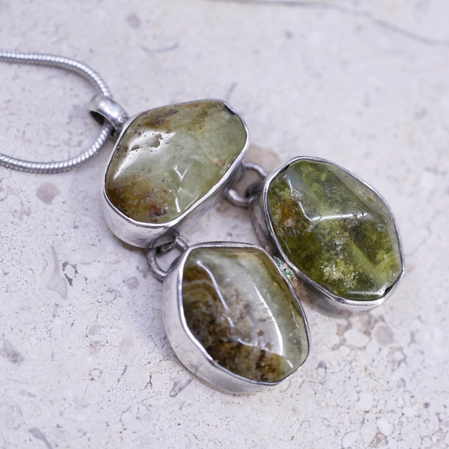 Vintage Sterling 925 Silver Necklace, snake chain and Idocrase pendant