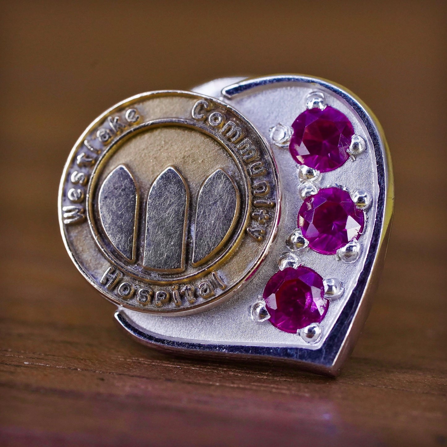 4.5g, Vintage two tone 14K Westlake Community Hospital heart pin ruby, antique