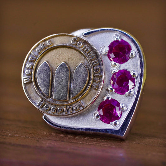 4.5g, Vintage two tone 14K Westlake Community Hospital heart pin ruby, antique