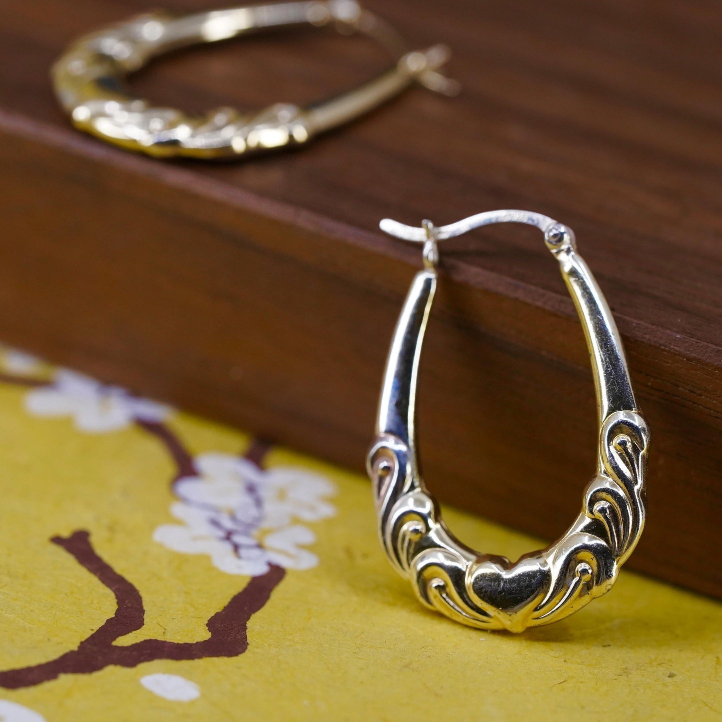 1.25", gold over Sterling silver earrings, 925 textured huggie hoops with heart