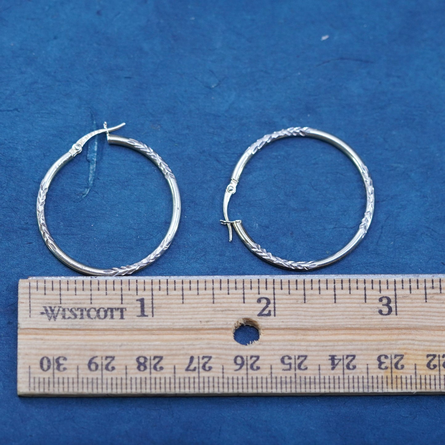 1.25”, vtg Italian two tone Sterling silver hoop earrings, 925 textured huggie