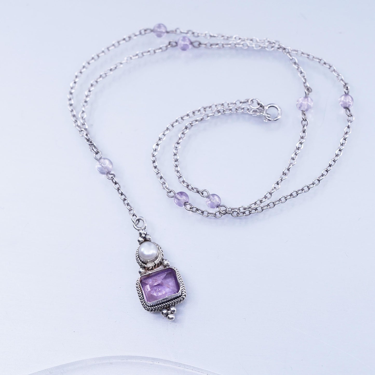 16”, vintage Sterling 925 silver circle chain necklace amethyst pearl pendant