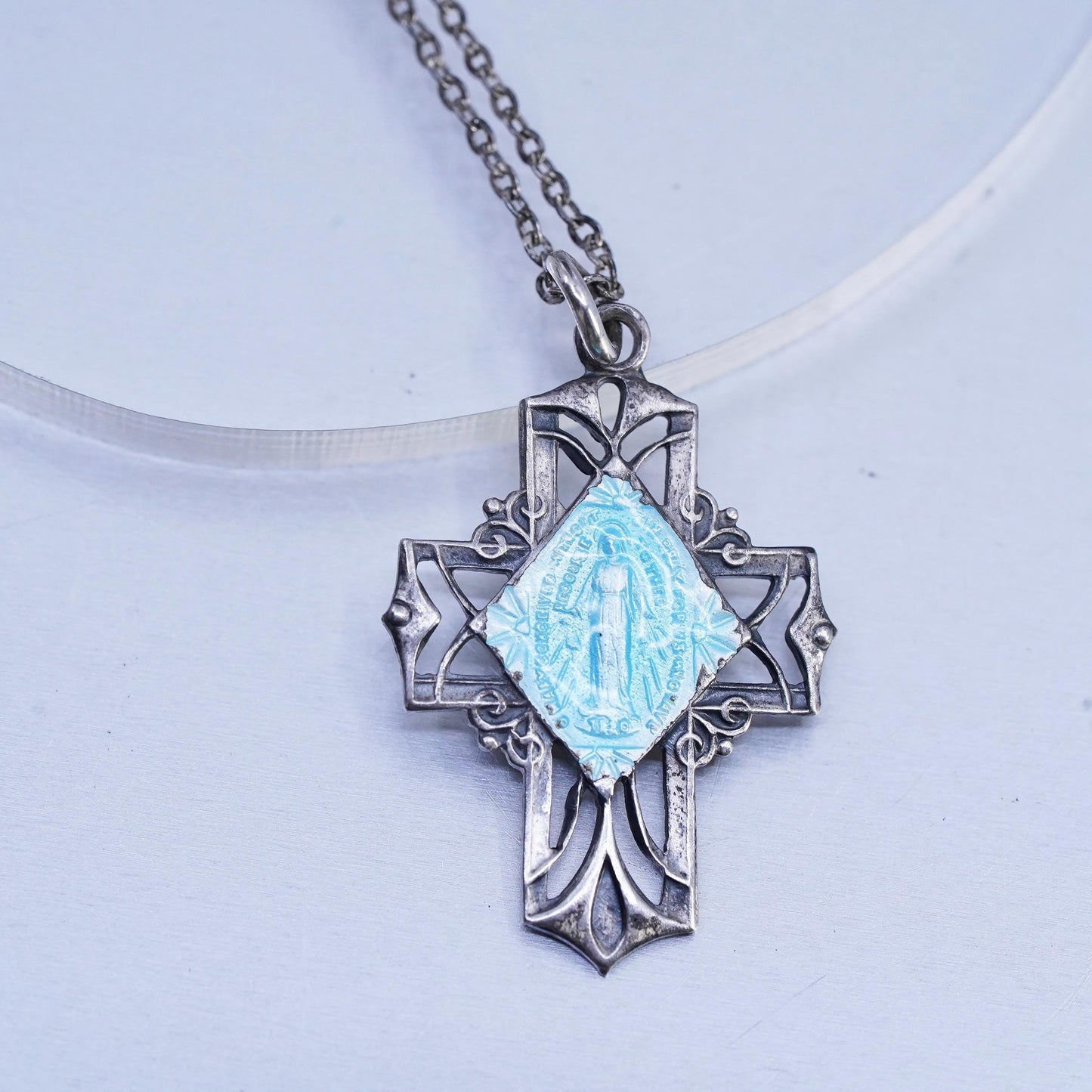 18", Sterling 925 silver circle necklace blue enamel cz pendant Virgin Mary
