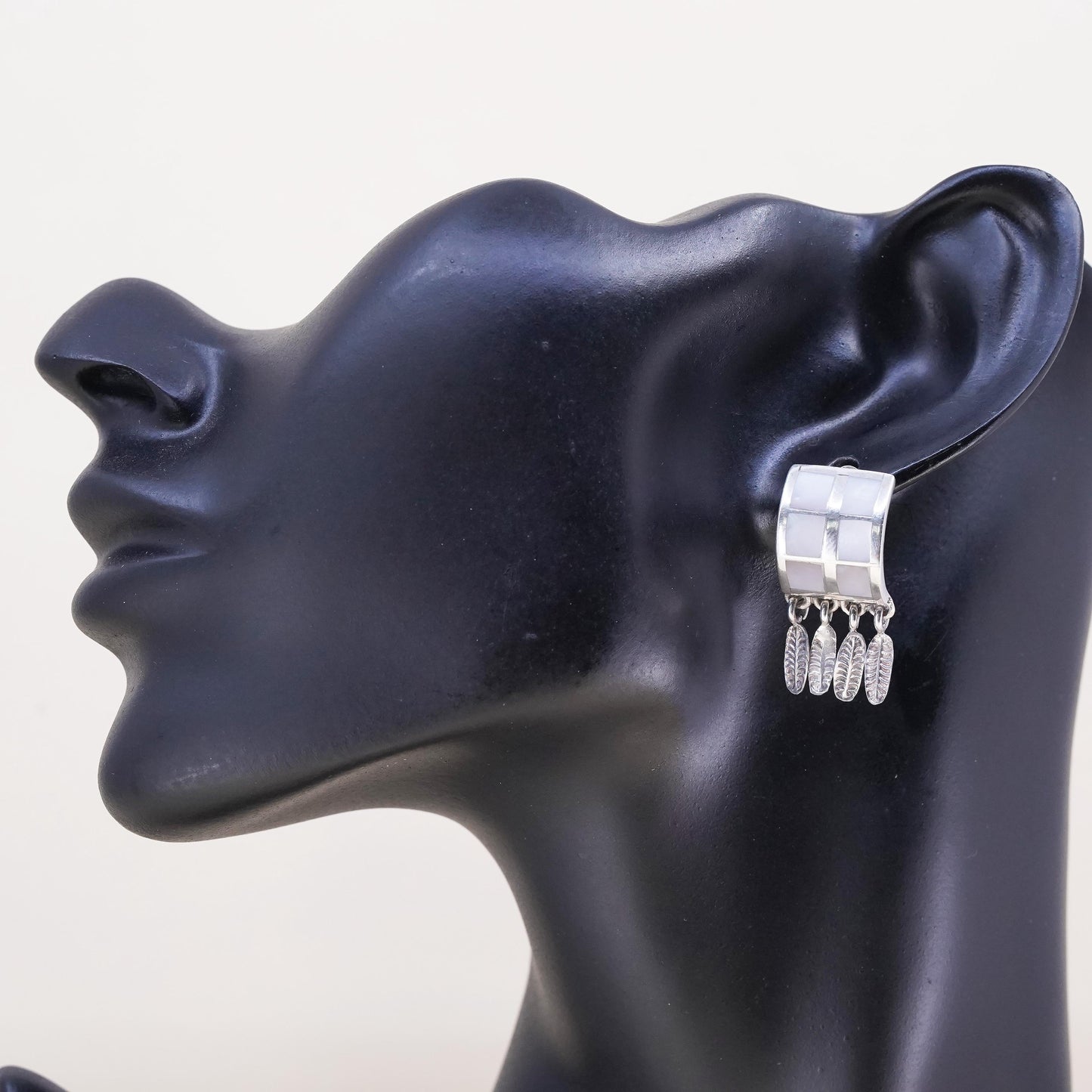 Mexican sterling silver single earring, 925 clip on w/ mother of pearl feather
