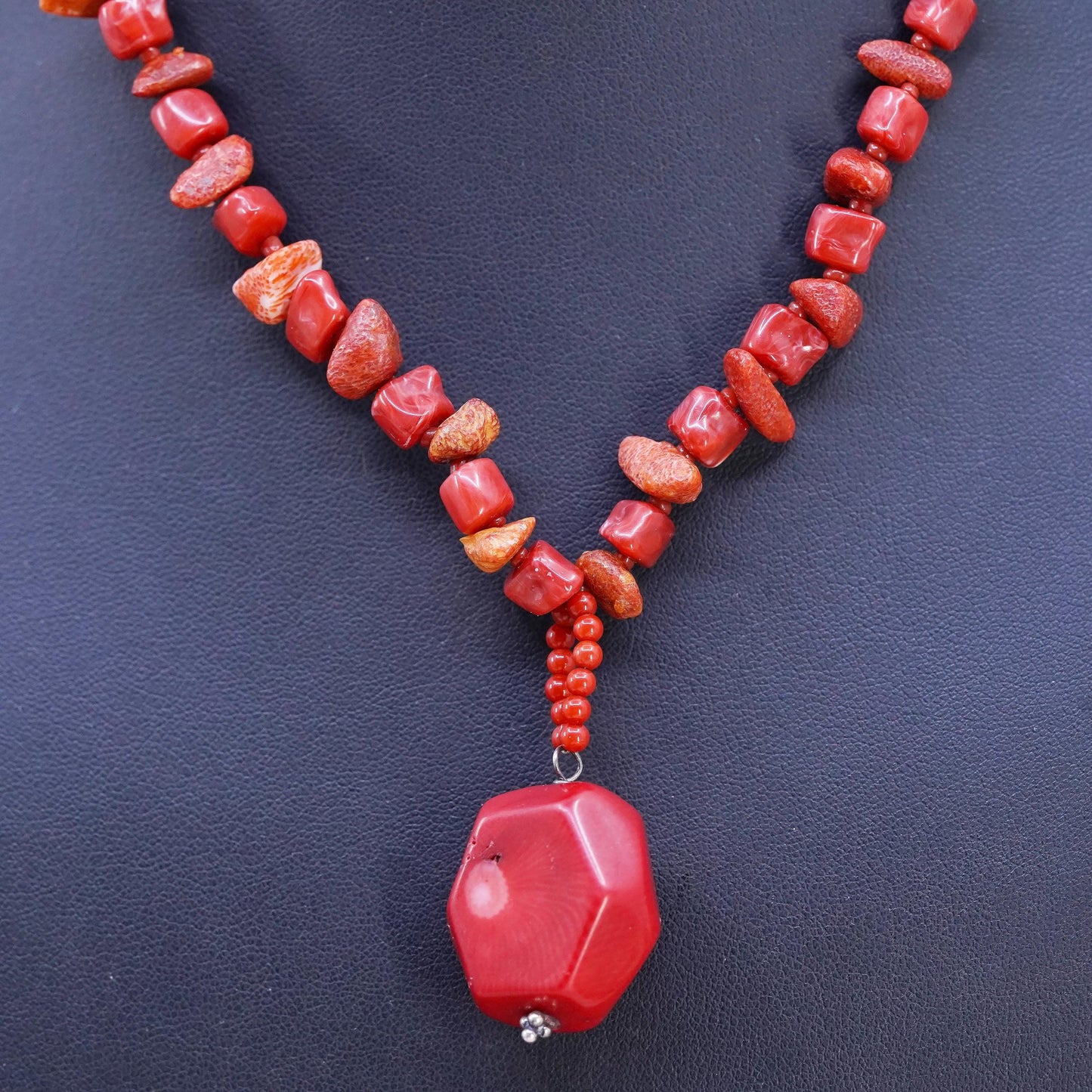 16", silver tone necklace, coral beads necklace pendant with toggle closure