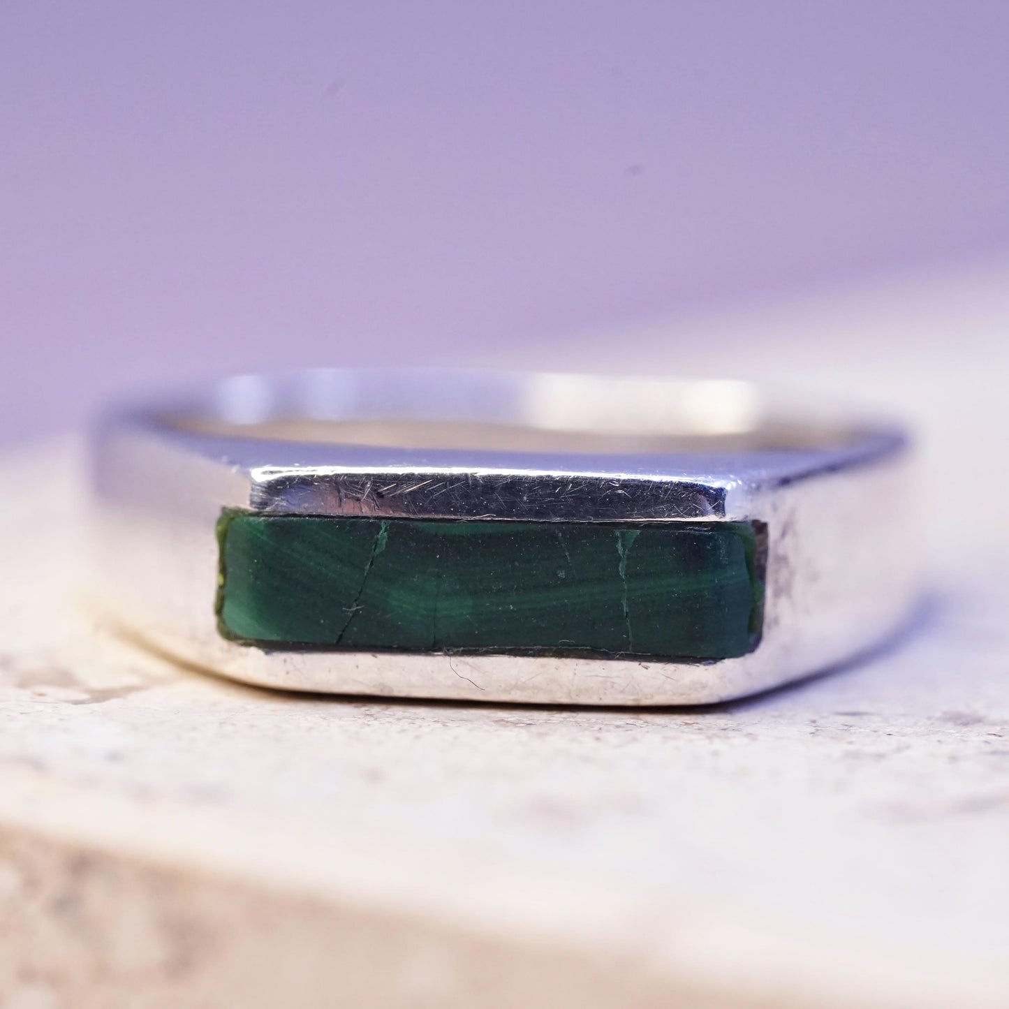 Size 7.25, vintage Sterling silver engagement ring, 925 band with malachite