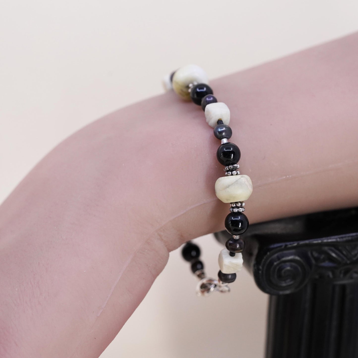 6.5”, Vintage Sterling 925 silver handmade bracelet with onyx Jasper beads