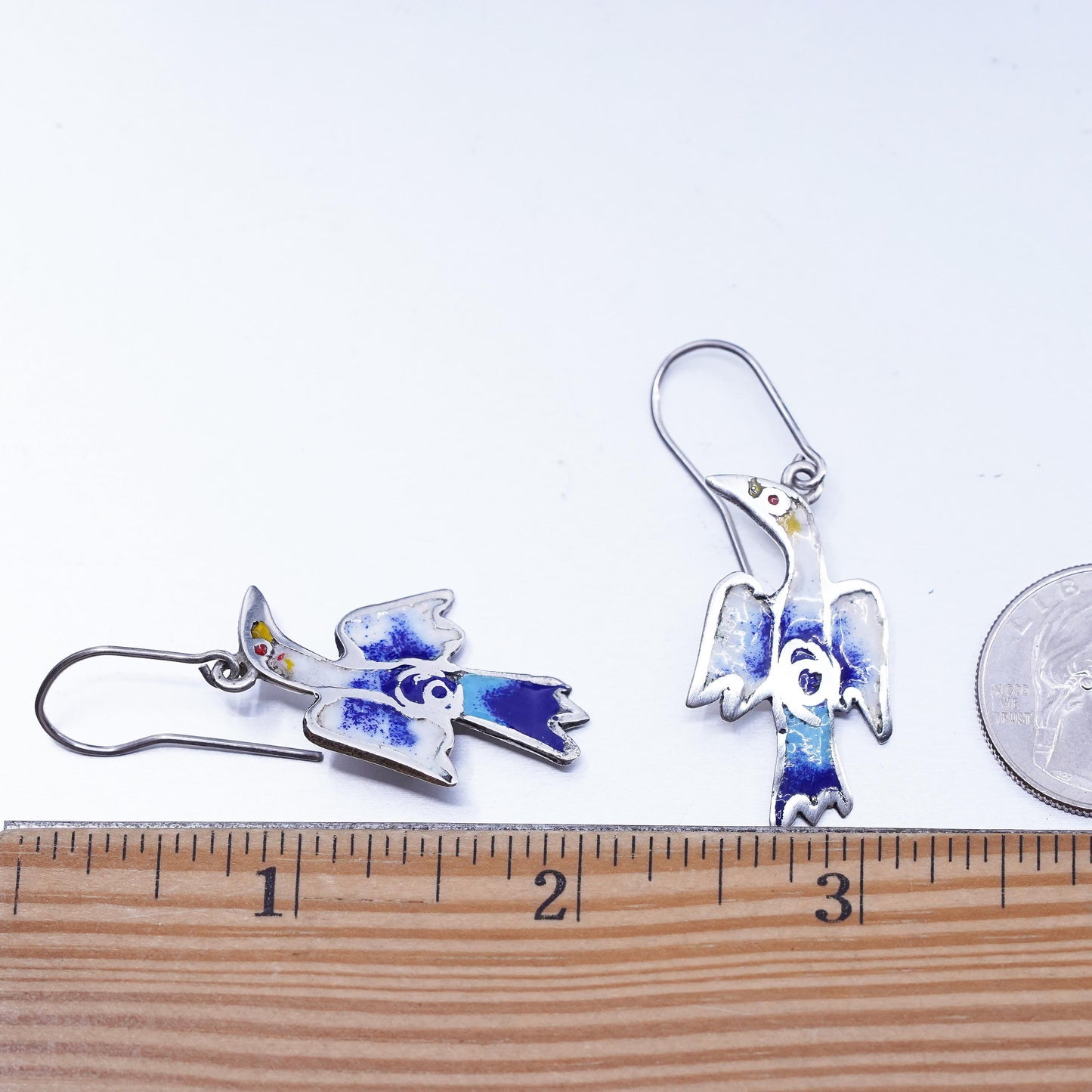 Vintage Designer Sterling 925 silver handmade bird earrings with enamel inlay