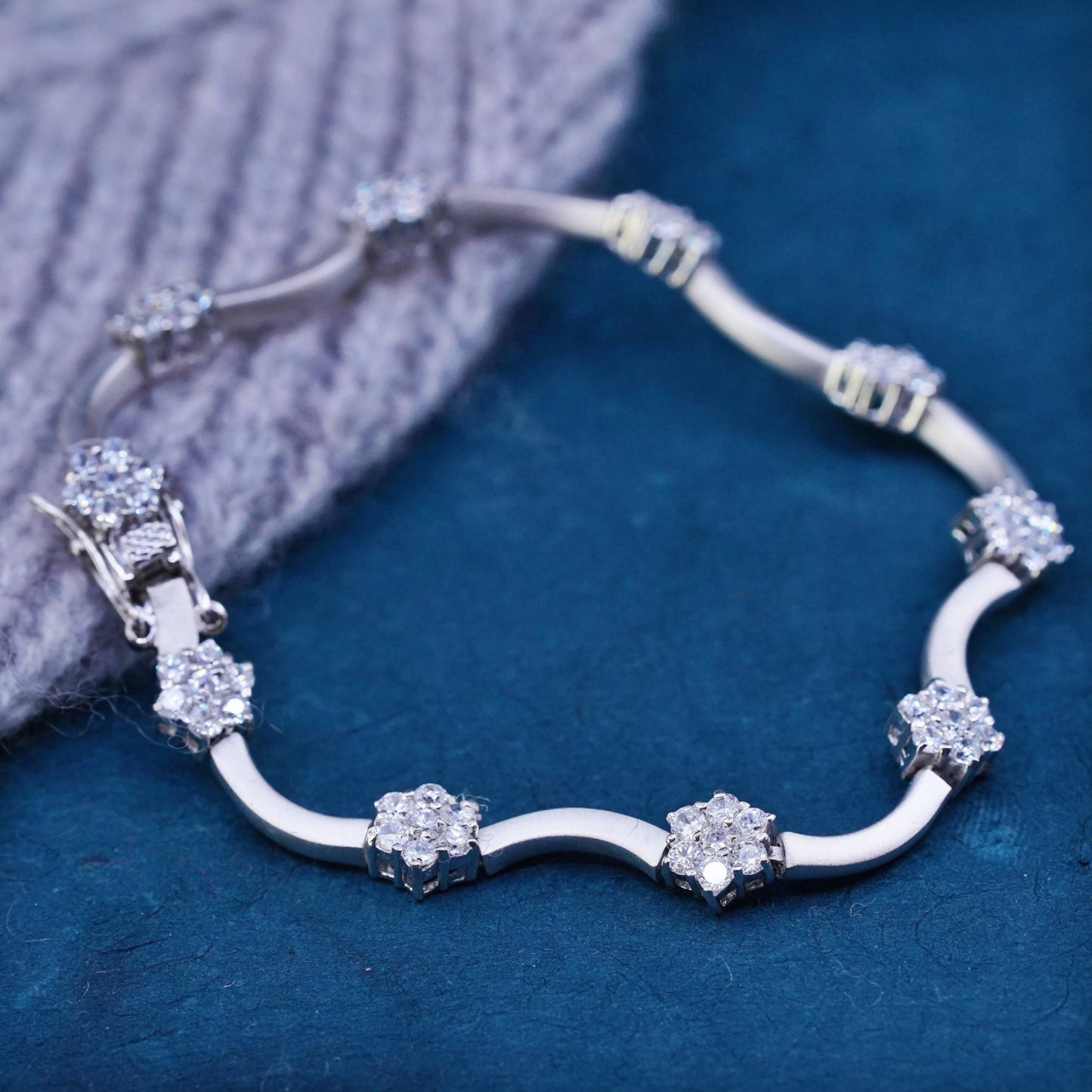 7”, vintage matte sterling 925 silver tennis bracelet with Cz flower details