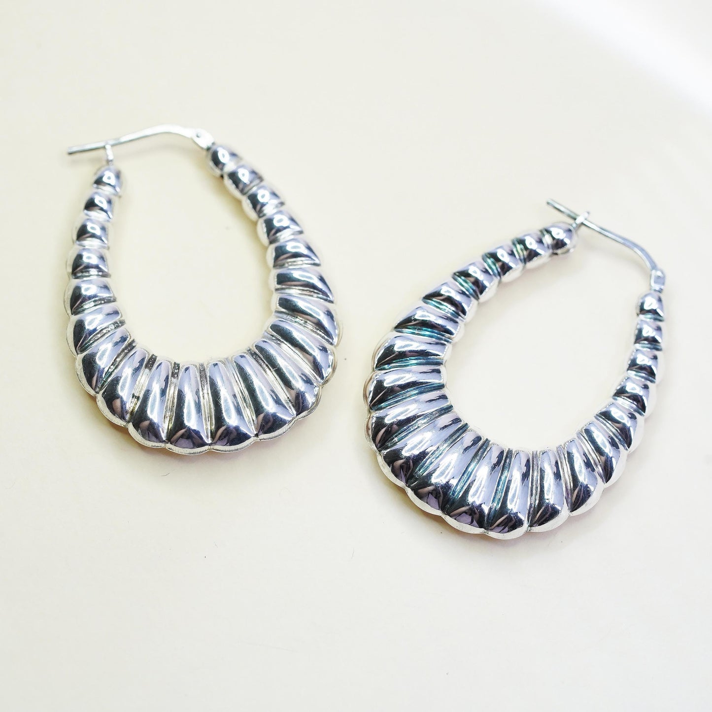 1.5”, Vintage Jordan 925 Sterling Silver Ribbed Hoops, Large Teardrop Earrings,