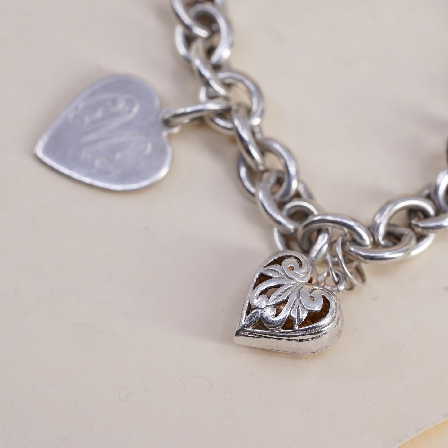 5.25", Vintage sterling silver bracelet, 925 filigree heart charm monogram CGM