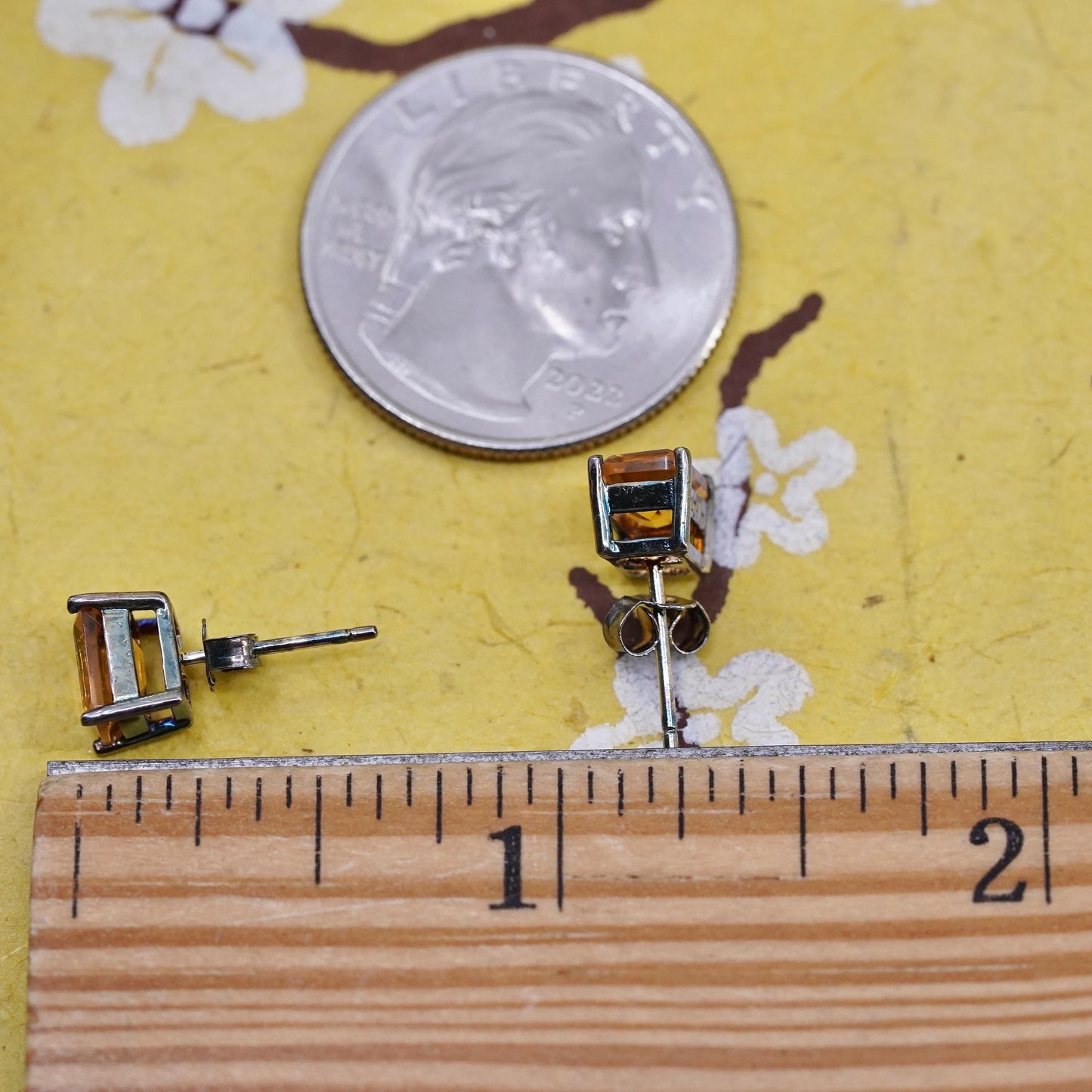 7mm, Vintage oxidized Sterling silver earrings, 925 studs with citrine
