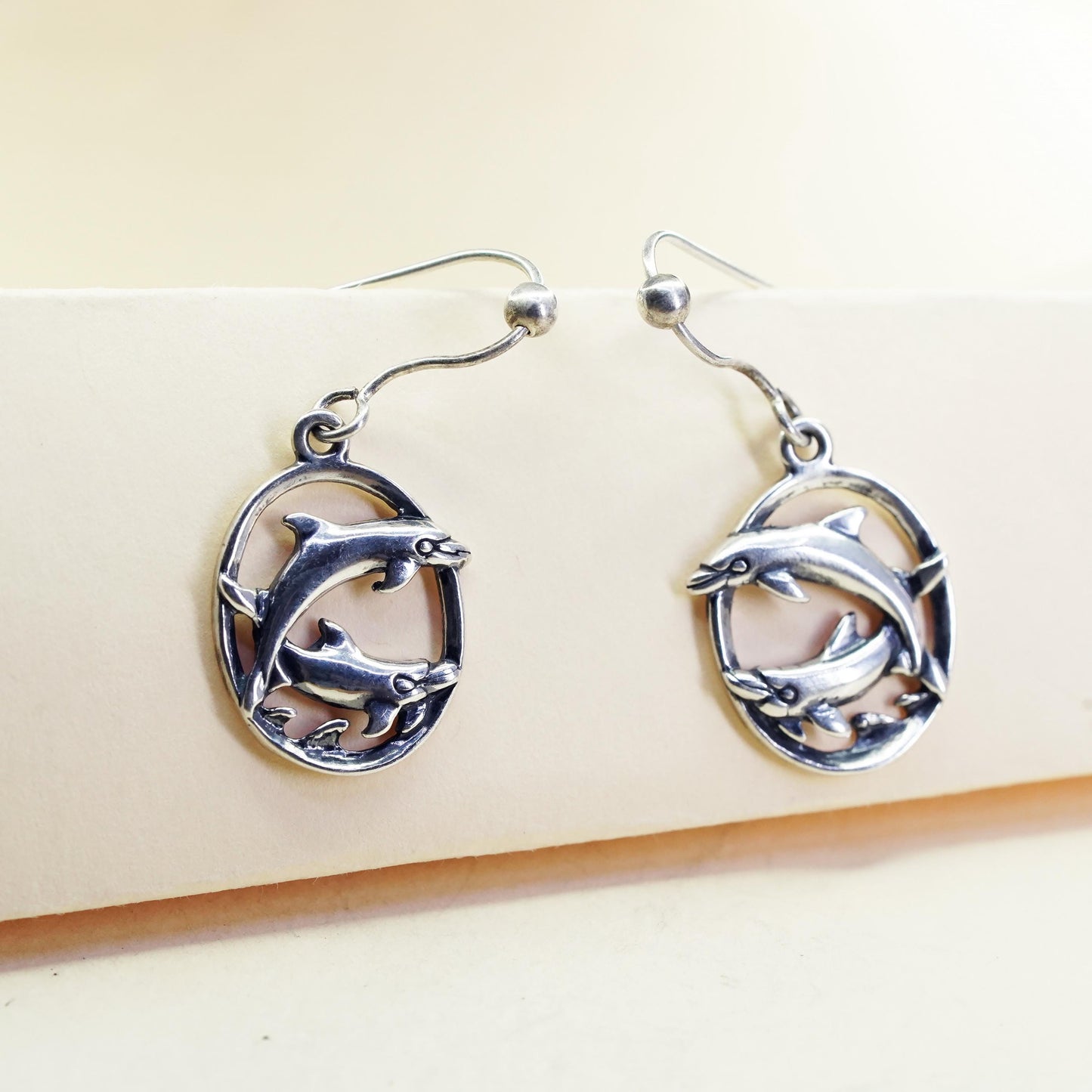 Vintage sterling 925 silver handmade dolphin drop earrings