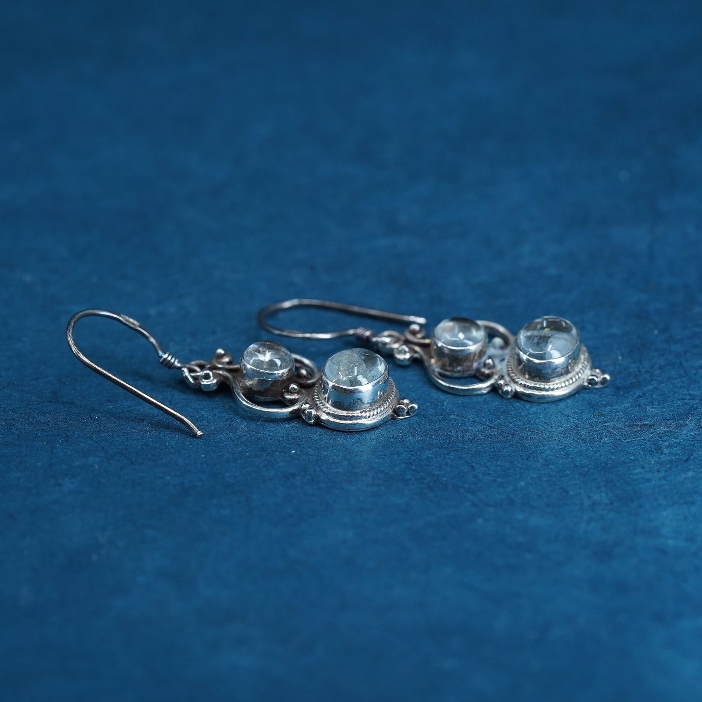 Vintage Sterling silver cluster earrings, 925 dangles with blue crystal beads