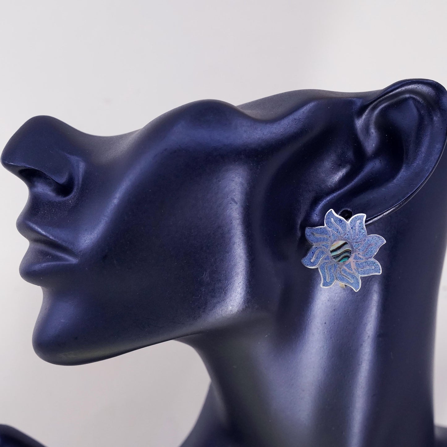 Taxco Hecho En Sterling silver flower earrings, 925 screw back sodalite abalone