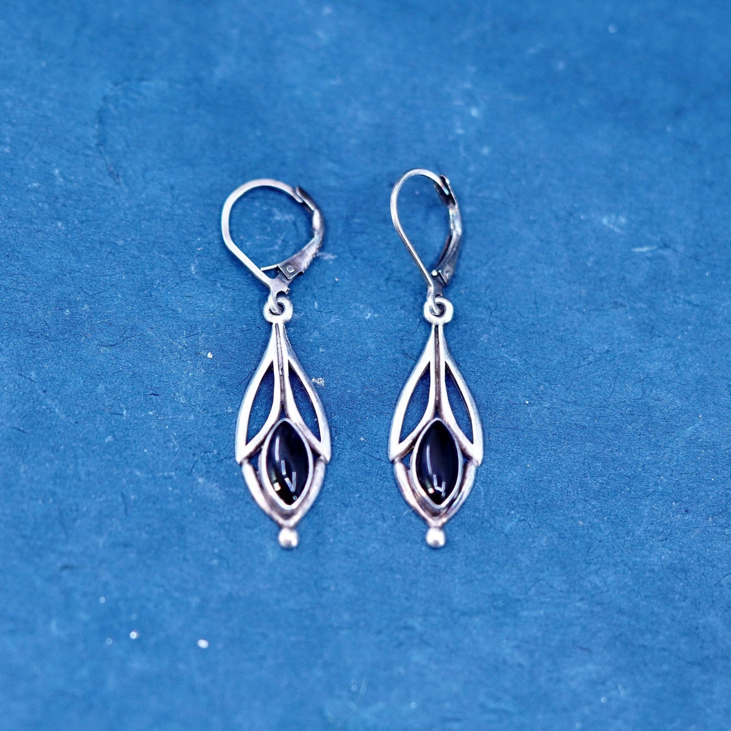 Vintage sterling 925 silver handmade earrings with marquise shaped obsidian