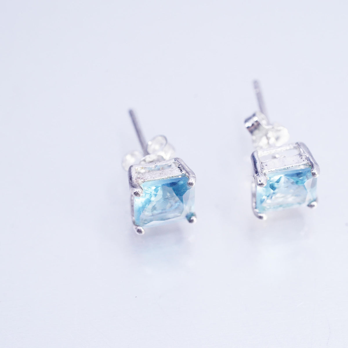 Vintage Sterling 925 silver earrings, square studs with 7mm topaz inlay