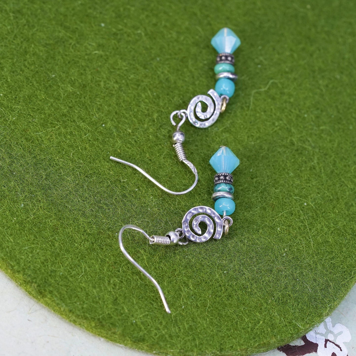 Vintage Sterling 925 silver handmade spiral earrings with Chalcedony beads