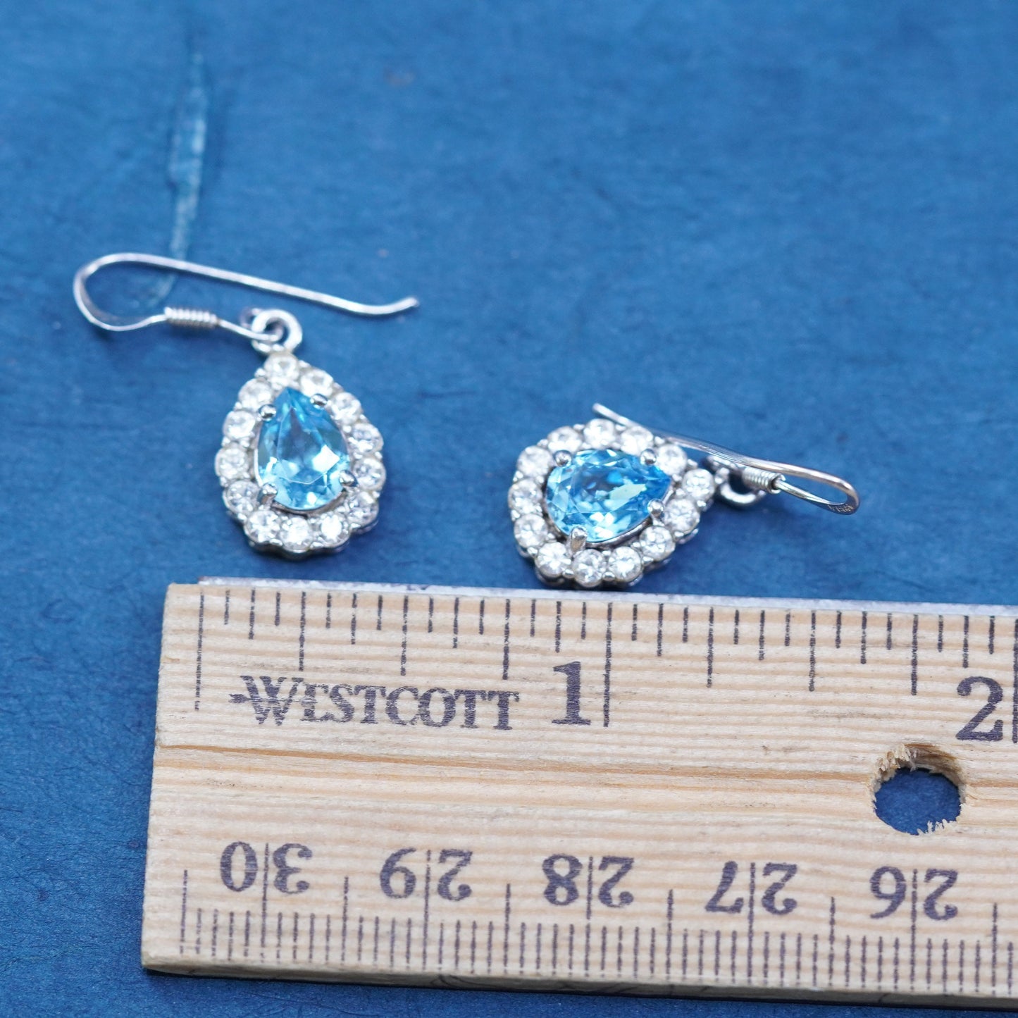 Vintage sterling 925 silver handmade earrings with teardrop blue topaz