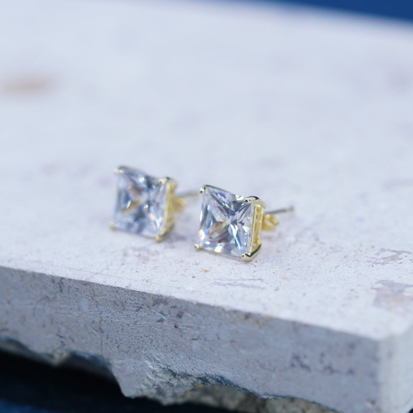 8mm, vermeil gold over sterling silver earrings, square 925 square studs CZ