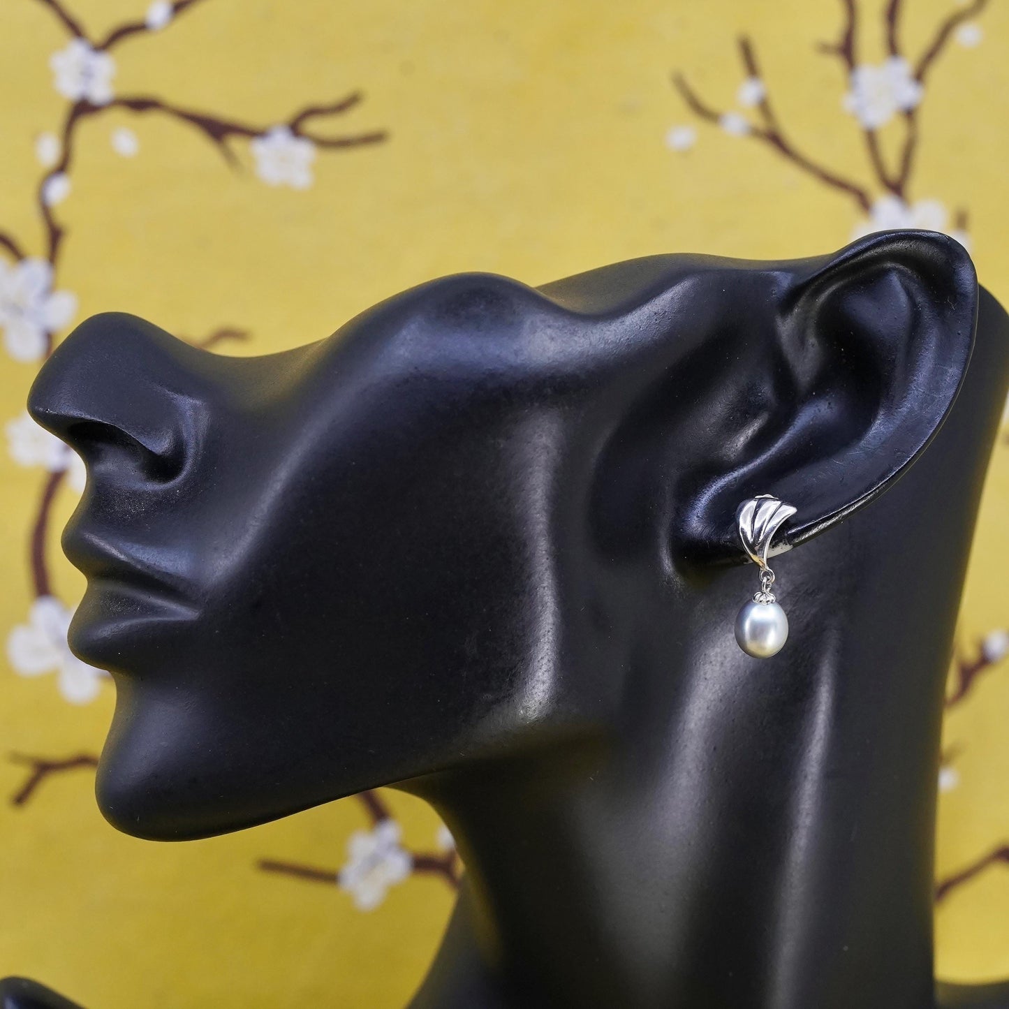Vintage Sterling silver handmade earrings, 925 shell studs w/ gray pearl drops