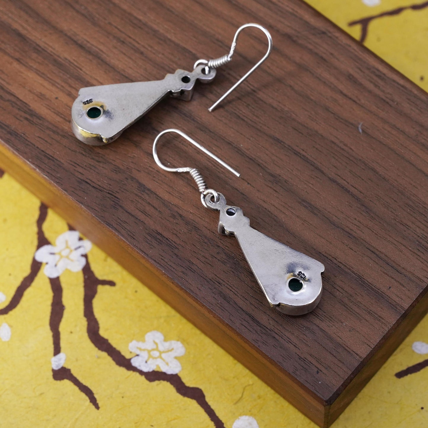 Vintage Sterling 925 silver handmade teardrop earrings with turquoise peridot