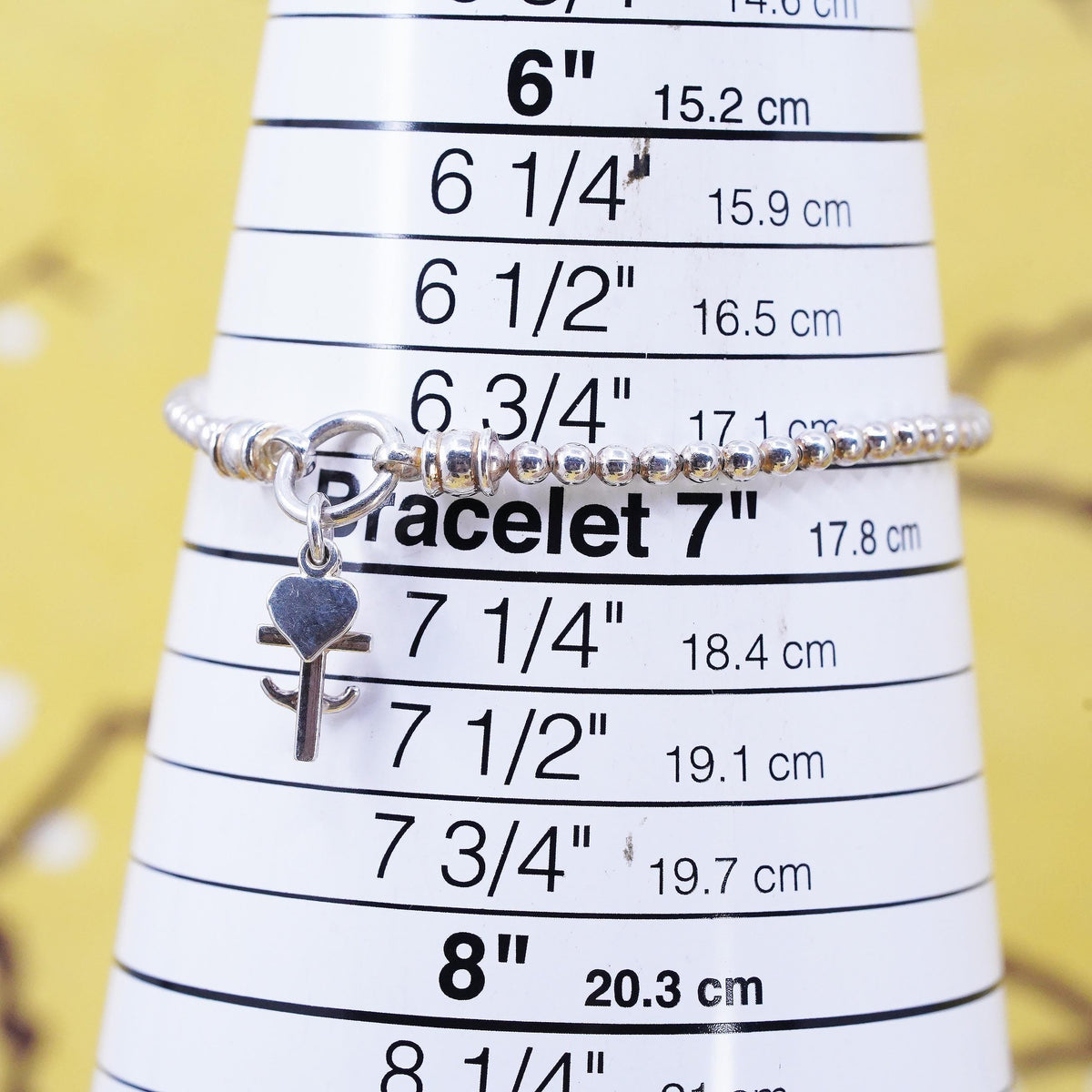 7”, VTG Italian Sterling 925 silver beads bracelet cross heart anchor charms
