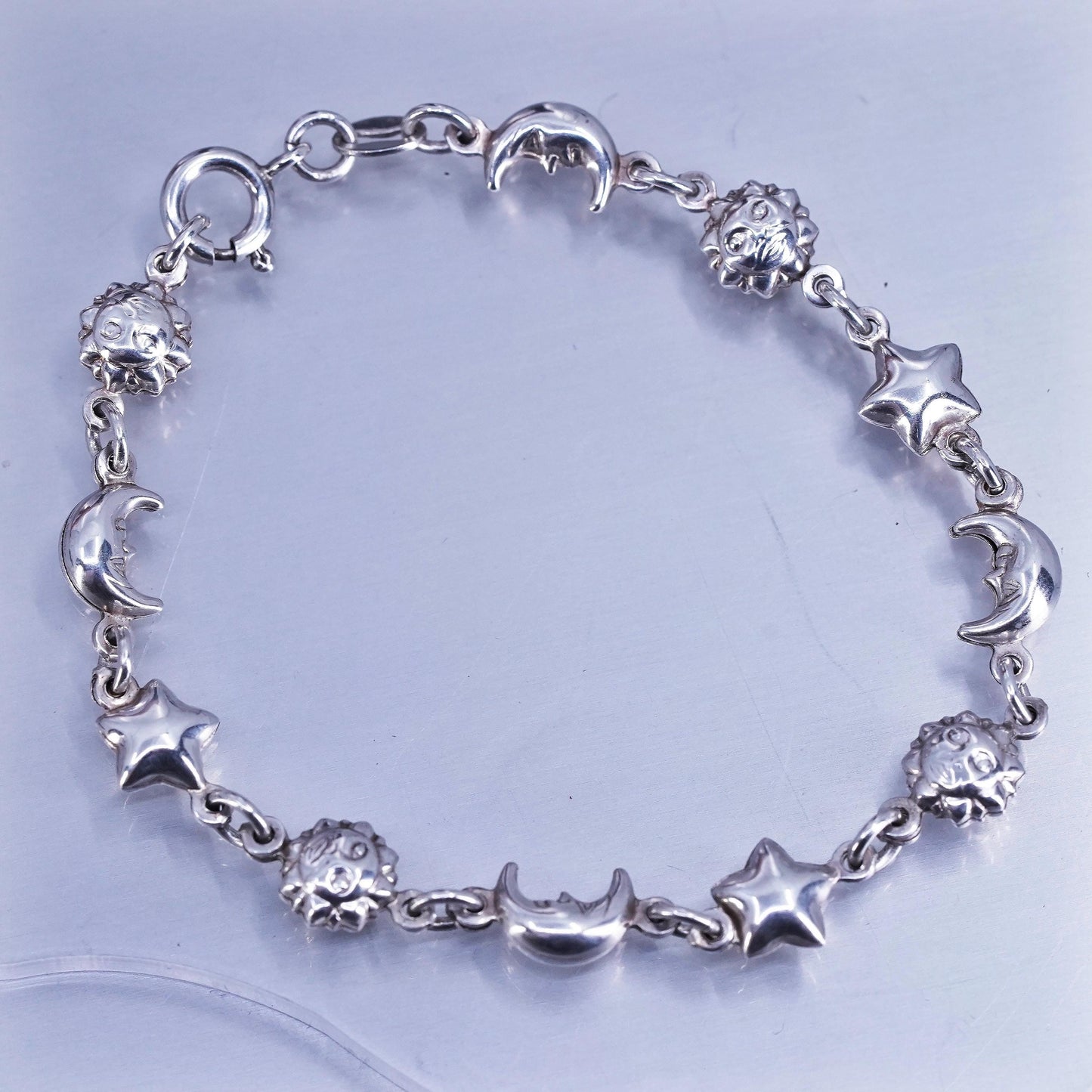 6.75”, Sterling 925 silver handmade puffy star moon sun chain bracelet