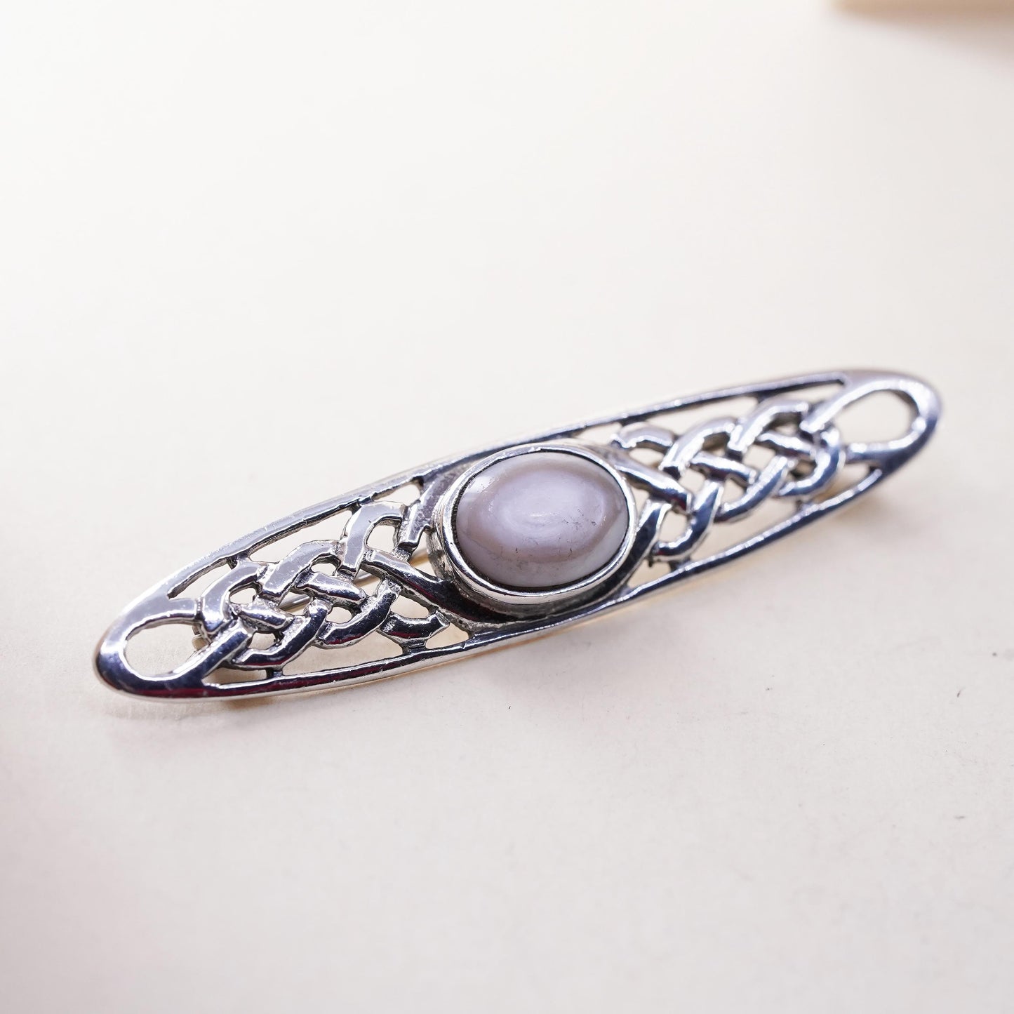 Vintage sterling 925 silver Celtic knot brooch pendant mother of pearl inlay