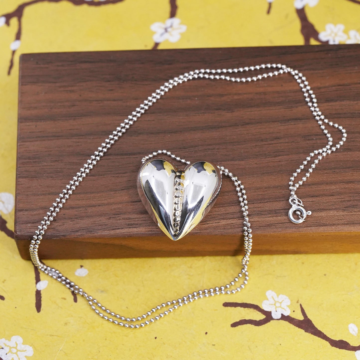 30", Italian Sterling silver necklace, extra long 925 bead puffy heart pendant