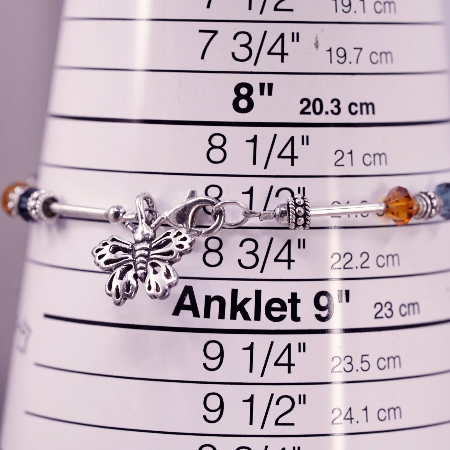 8.5”, Vintage sterling 925 silver bracelet with crystal beads butterfly charm