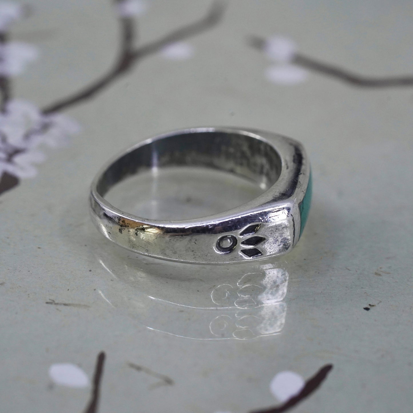 Size 10.25, Sterling silver handmade ring, 925 band with turquoise inlay, Zuni