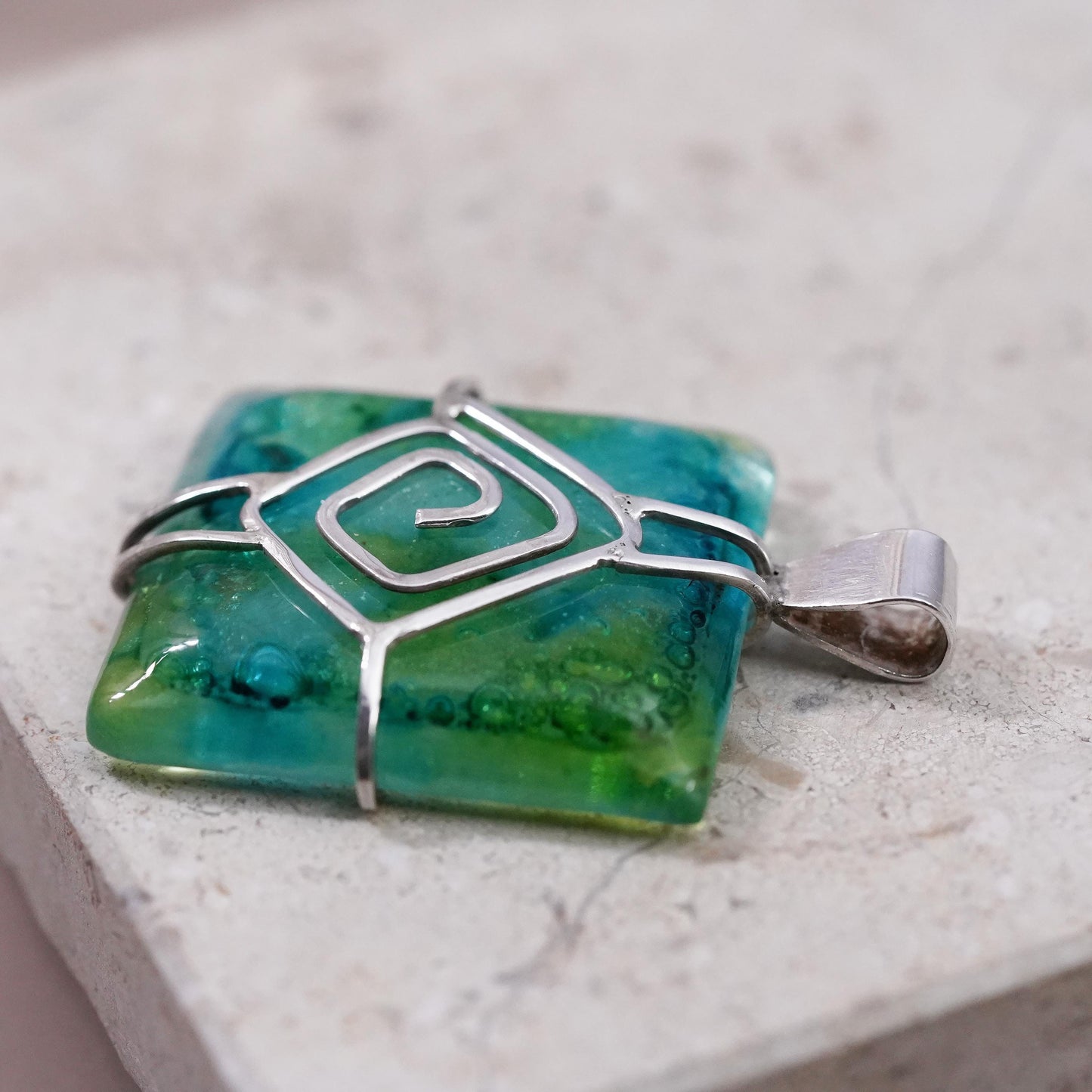 Vintage sterling 925 silver handmade square pendant green dichroic foiled glass