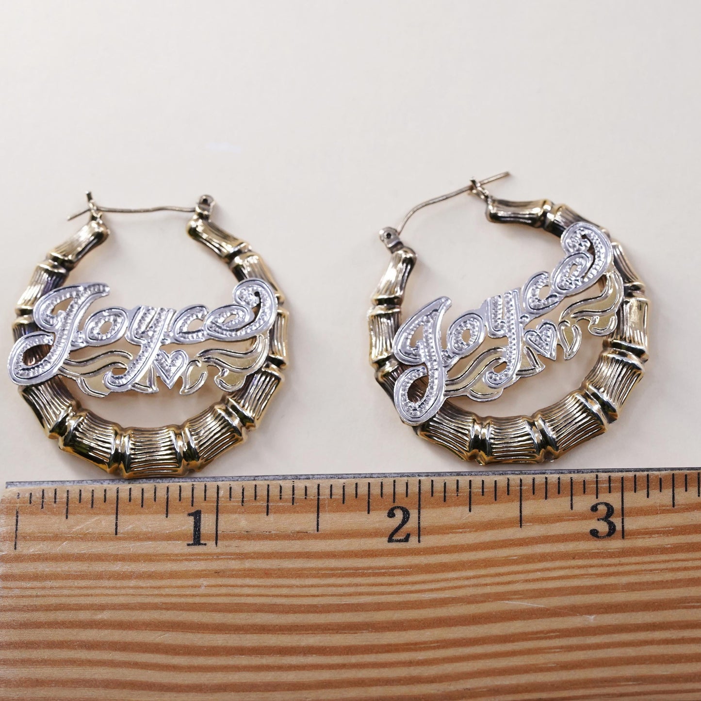 1.5", vermeil gold over sterling silver earrings, textured bamboo hoops Joyce