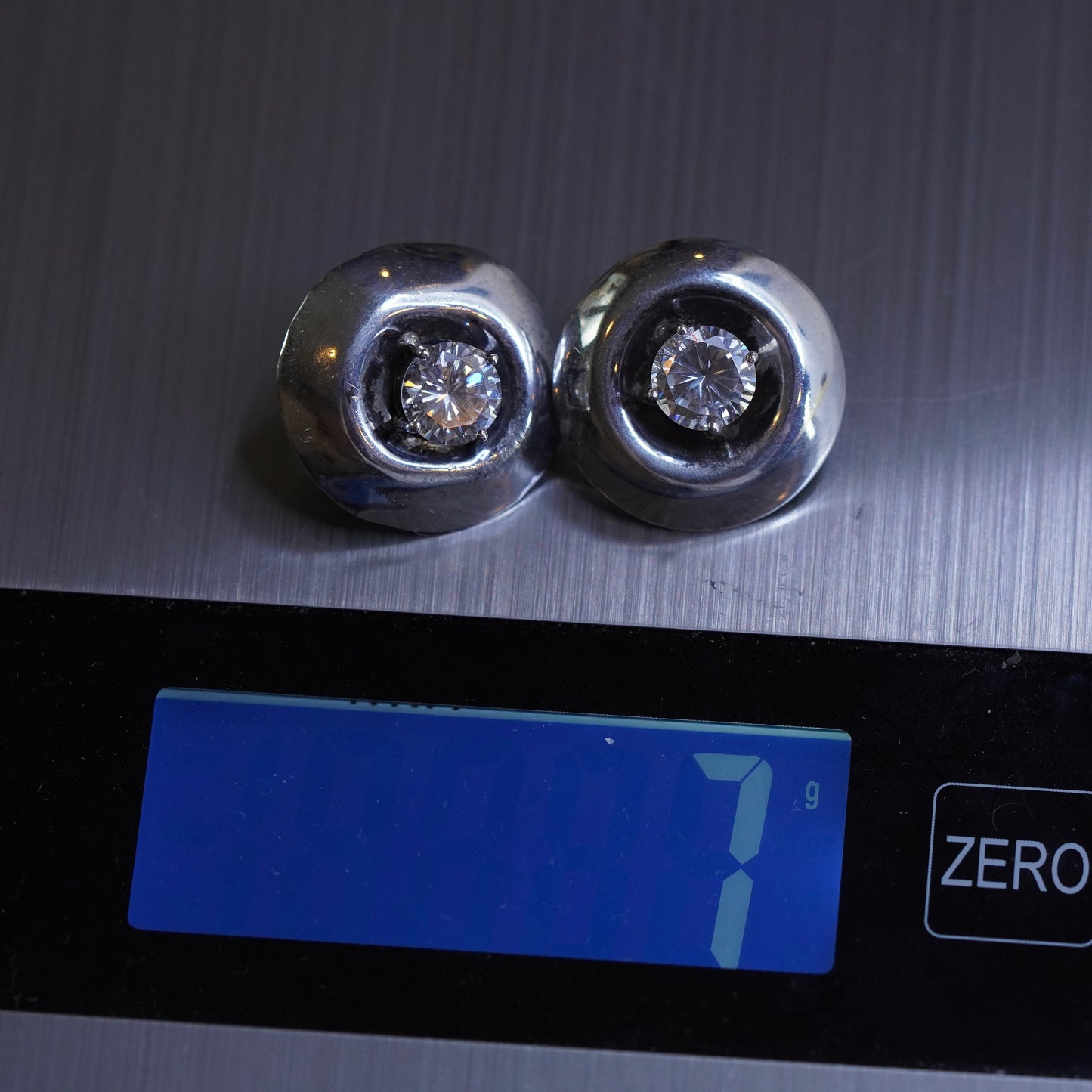 vintage Sterling silver clear round crystal studs, cz earrings