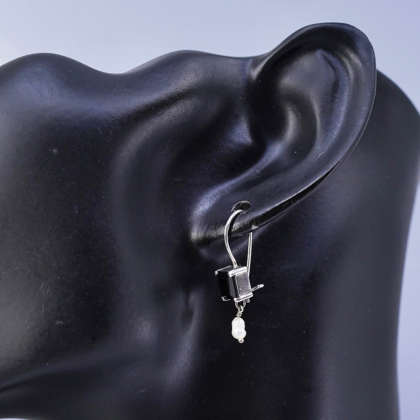 Sterling 925 silver handmade earrings with square obsidian and pearl dangles