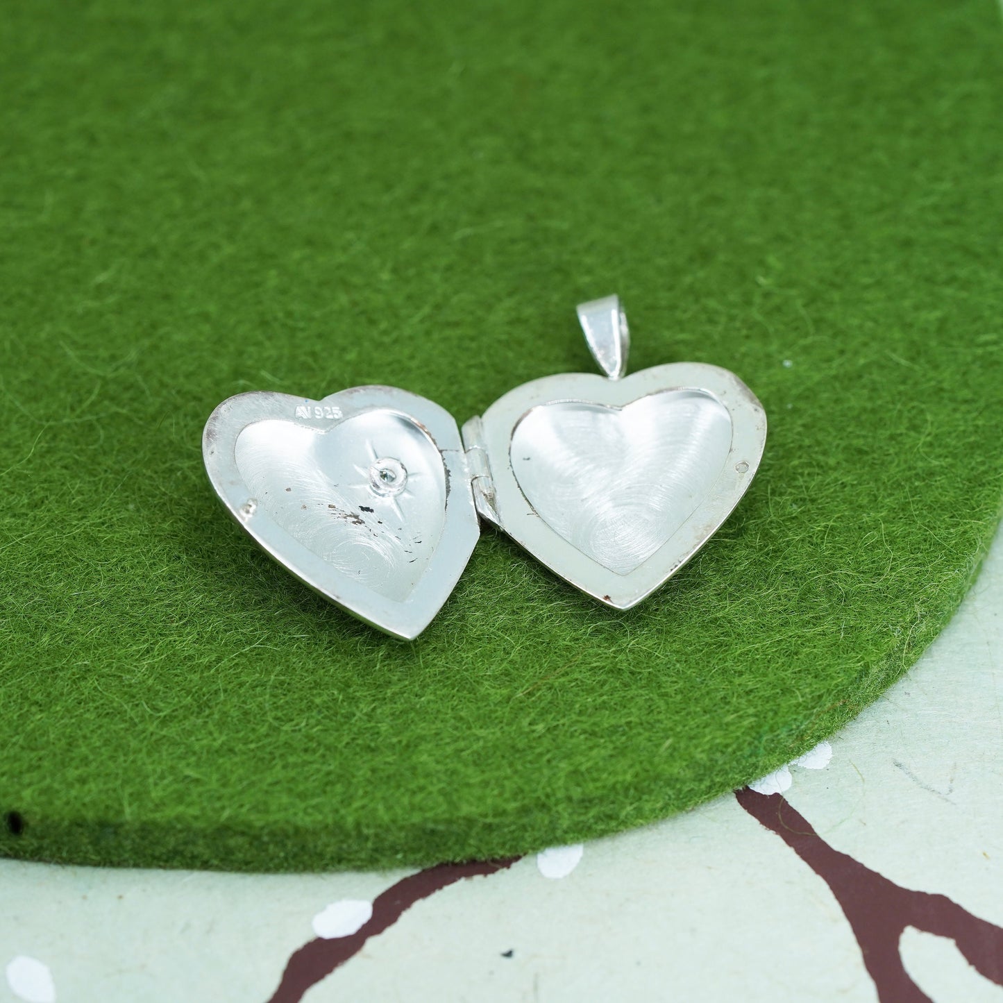 Vintage sterling silver photo locket charm pendant, 925 heart with cz star